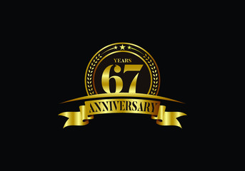 67th years anniversary logo template, vector design birthday celebration, Golden anniversary emblem with ribbon. Design for a booklet, leaflet, magazine, brochure, poster, web, invitation or greeting