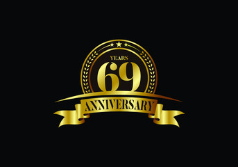 69th years anniversary logo template, vector design birthday celebration, Golden anniversary emblem with ribbon. Design for a booklet, leaflet, magazine, brochure, poster, web, invitation or greeting