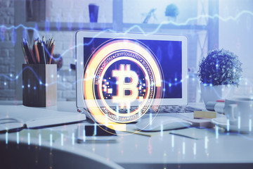 Multi exposure of blockchain and crypto economy theme hologram and table with computer background....
