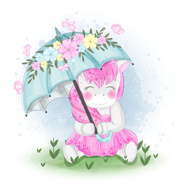 Cute Unicorn with umbrella illustration