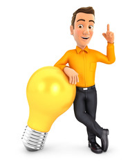 3d man leaning against light bulb