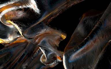 3d render of art abstract 3d background with flying cloth in metal orange and blue gradient rough rusty texture in curve wavy organic lines 