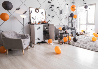 Interior of room decorated for Halloween party