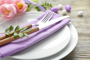 Beautiful table setting for Easter celebration, closeup