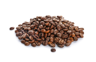 Heap of coffee beans on white background