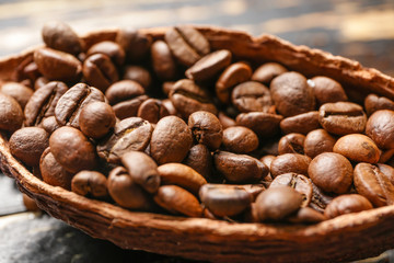 Pod with coffee beans, closeup