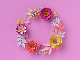 3d render. Abstract botanical round frame with copy space, colorful paper flowers round wreath isolated on pink background, handmade wall decor, floral card template