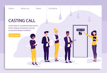 Actors and actresses queuing for a casting call in front of the directors office attended by his personal assistant, vector illustration