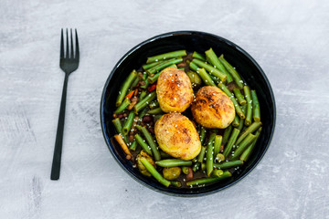 plant-based recipes, vegan spicy baked potatoes with green beans and mixed veggies