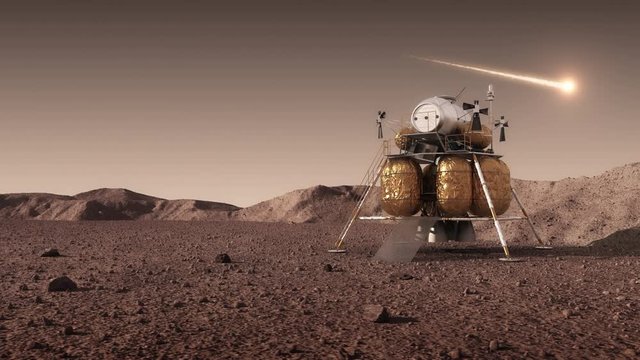 Descent Module Of Interplanetary Space Station On Surface Of Planet Mars And Chinese Flag. 4K. 3840x2160. 3D Animation.