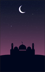 Mosque landscape in night. Moon and star at sand with mosque silhouette.