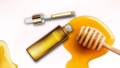 Vector Illustration Of Realistic.Honey Serum Skin Care ads. Packaging products.