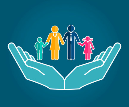 Family Hands holding a symbol. Health care, pension, safety, protect icon. Parents and children, vector