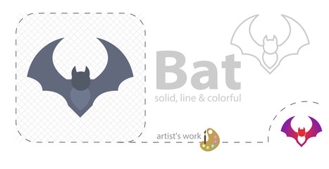 Bat vector flat illustration, solid, line icon