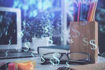 Financial chart hologram with glasses on the table background. Concept of business. Double exposure.