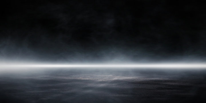 3D Rendering Abstract asphalt light in a dark street and smoke.
