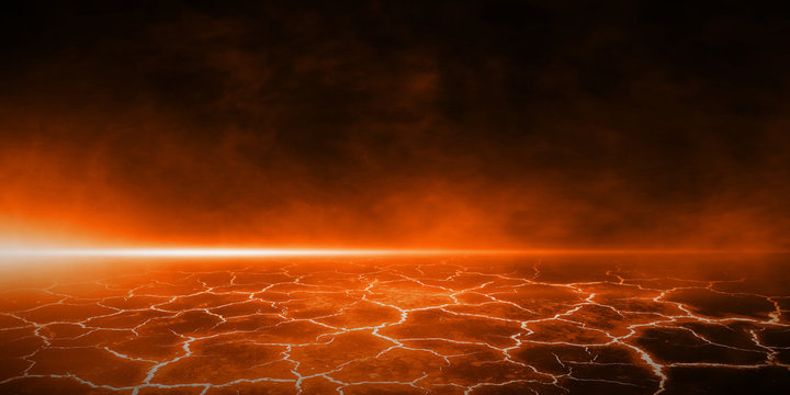 3D Rendering Abstract perspective heat red cracked ground texture after eruption volcano