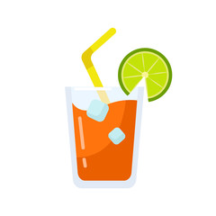 juice with ice cubes, straw and lemon flat vector illustration