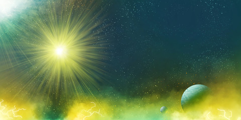 Artistic 3d rendering illustration of bright stars in a colorful nebula space with planets around it