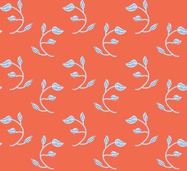 blue and cherry red natural foliage and leaves seamless vector pattern