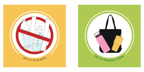 Say no to plastic using reusable items. Concept of reducing plastic pollution that affects the environment.