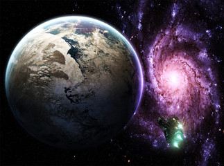 Artistic 3d illustration of a planet and a galaxy in empty space