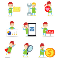 Set character of man buy a stackable toy in colorful box.