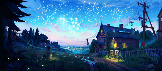 Artistic 3d illustration of a home in a village under bright stars © MoVille