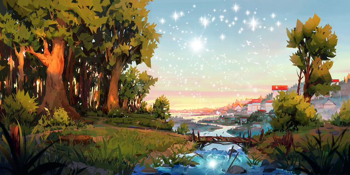 Artistic 3d illustration of a river between trees under bright stars