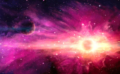 Artistic 3d illustration of a planet floating around a supernova