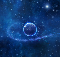 Artistic 3d illustration of a planet with a glowing ring in dark space