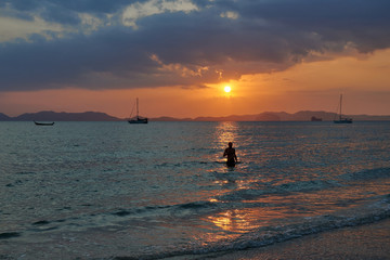Fototapeta na wymiar 1 March 2020, a sunset view at Khlong Muang Beach in Krabi province of Thailand.
