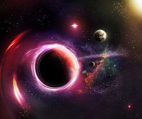 3d illustration of a warp planet in space time continuum creating a wormhole around it