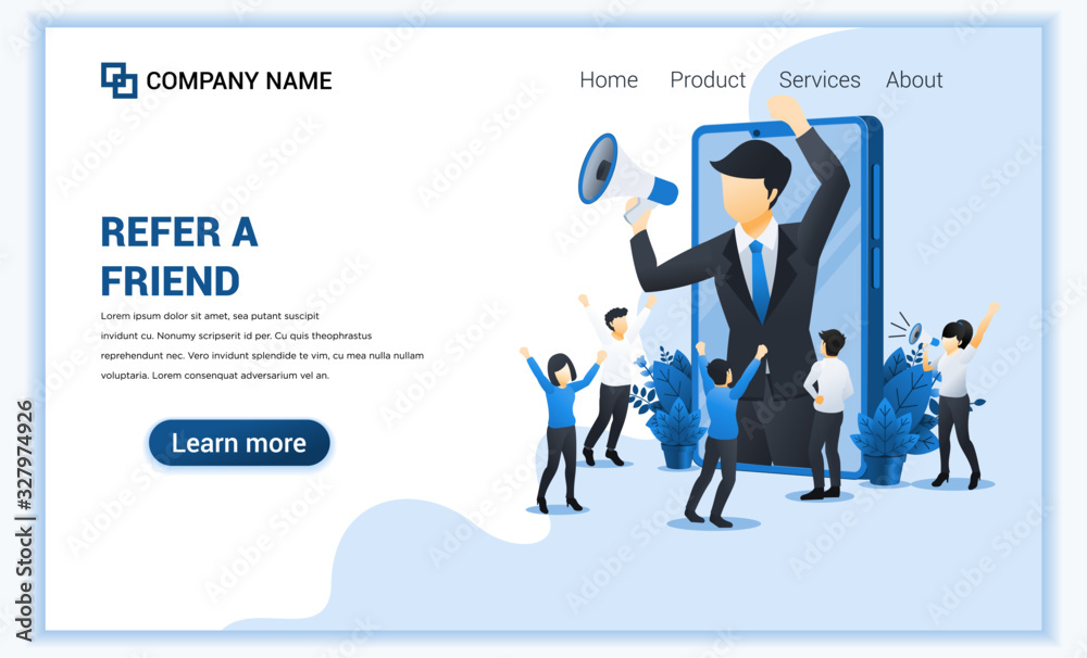Wall mural refer a friend concept with businessman shout on megaphone for referral program. can use for landing