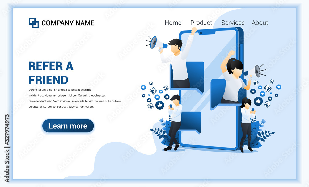 Wall mural refer a friend concept with a man and woman come out from smartphone and shout on megaphone for refe
