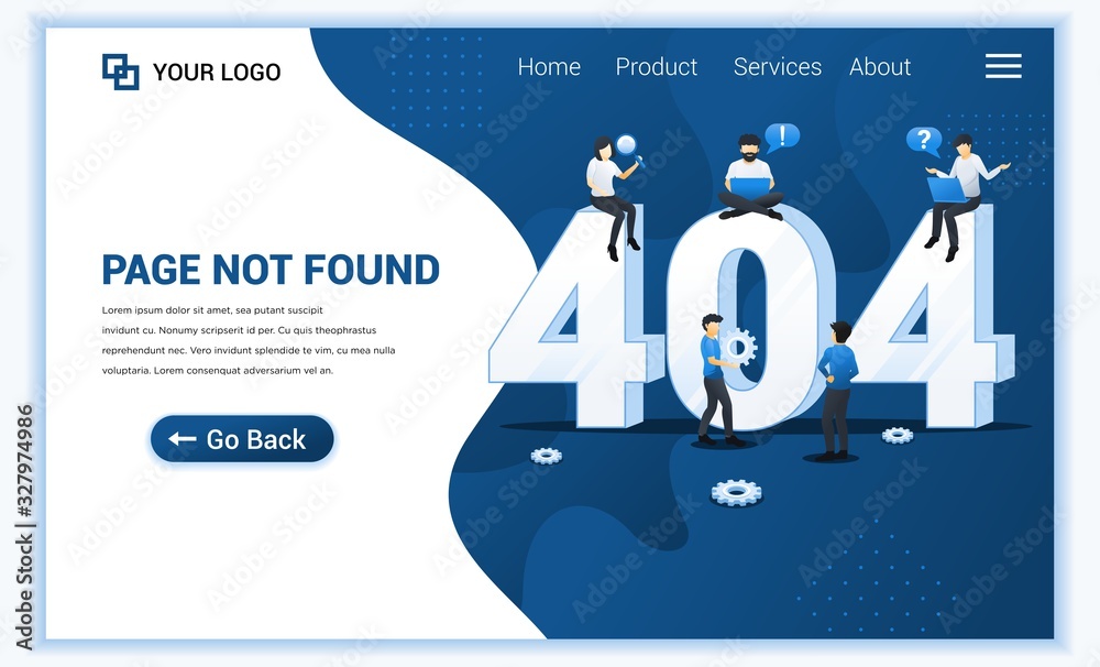 Poster 404 error page not found concept with people working on laptops searching and trying to fix errors. 