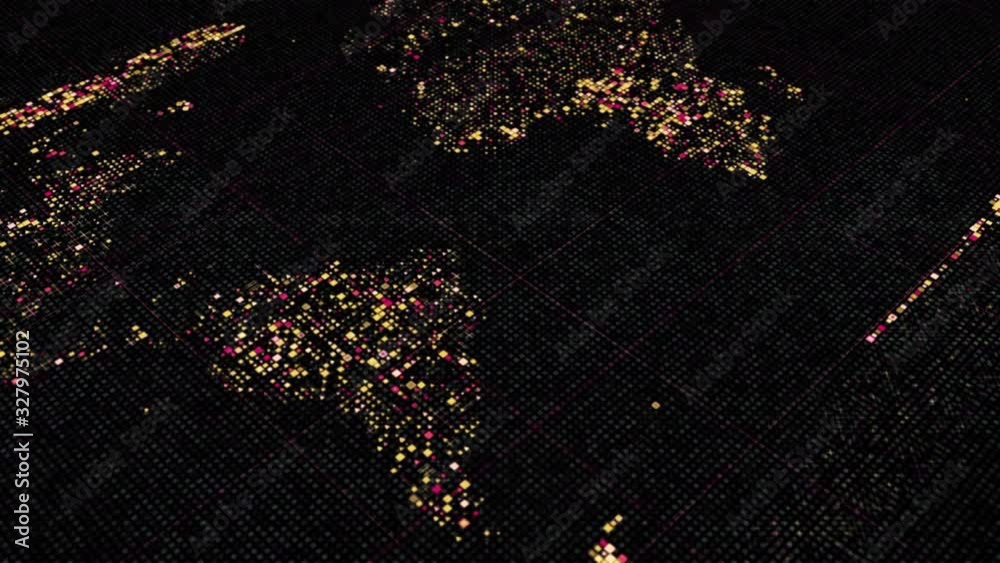 Poster abstract animation of world map in digital screen formed by tiny figures. animation. digital screen 