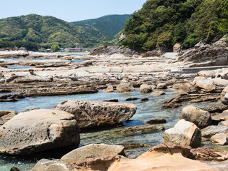 Sandstone rock formations at Tatsukushi coast - a natural scenic landmark near Tosashimizu, Kochi prefecture, Japan