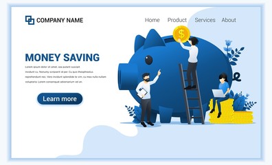 Money saving concept with A Man standing on ladder and puting money into piggy bank. Can use for web banner, infographics, landing page, web template. Flat vector illustration