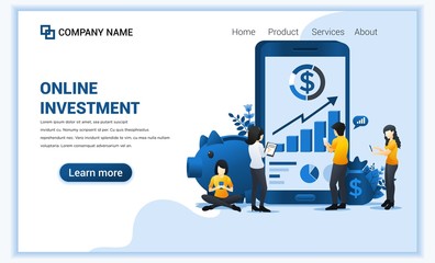 Obraz na płótnie Canvas Online investment concept with people work on mobile phone, business investment, financial technology. Can use for web banner, infographics, landing page, web template. Flat vector illustration