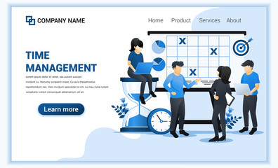 Modern flat web page design concept of time management with People filling out the schedule on screen. Flat landing page template. vector illustration