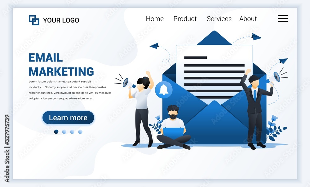 Wall mural landing page template of email marketing services with businessman shout on megaphone for promotion.