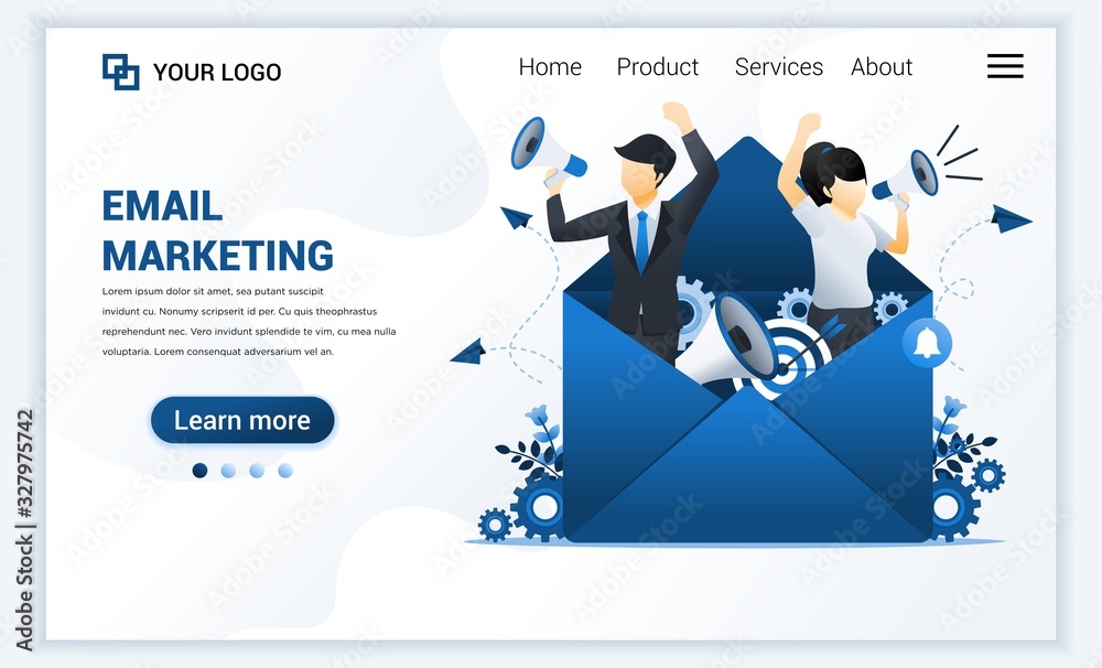 Wall mural landing page template of email marketing services with businessman shout on megaphone for promotion.