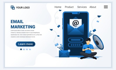 Landing page template of Email marketing services with a man sitting near giant smartphone. Modern flat web page design concept for website and mobile website. Vector illustration