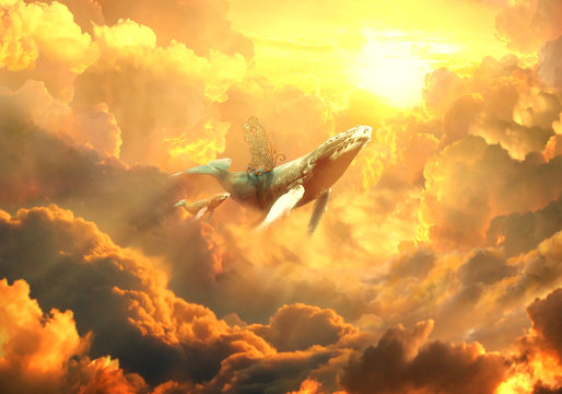 Artistic 3d illustration of a whale floating in the sky between clouds towards the sun
