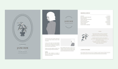 Floral memorial and funeral invitation card template design, lime leaves, grey tone