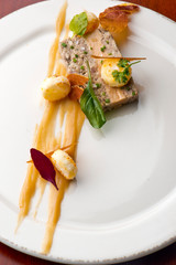 Duck Terrine. Traditional French cuisine a loaf of forcemeat or aspic, similar to a pâté, cooked in a covered pottery mold in a bain-marie.  Served at a French Bistro with potatoes and carrots