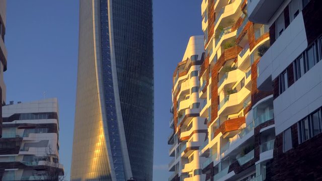 Aerial drone view of the new residence of the residence. Solar panels. The city of the fashion industry. Modern architecture of residential and business buildings in City Life. Milan, Italy April 2022