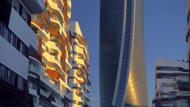 Aerial drone view of the new residence of the residence. Solar panels. The city of the fashion industry. Modern architecture of residential and business buildings in City Life. Milan, Italy April 2022