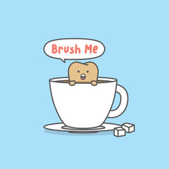 Dental cartoon of a yellow tooth in glass of coffee and say brush me illustration cartoon character vector design on blue background.  Dental care concept.
